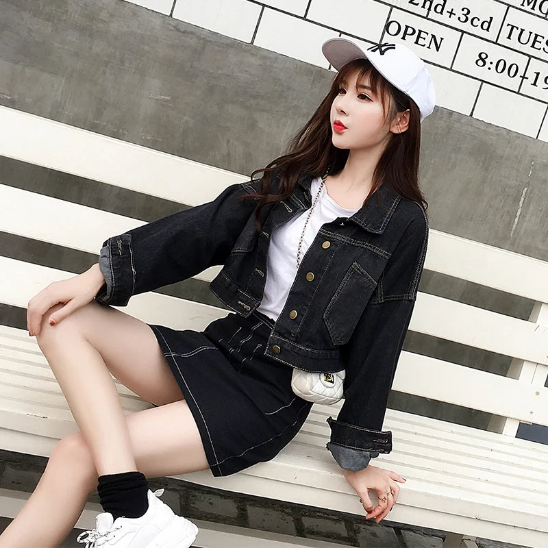 Hnewly Jean Jacket for Women Spring Autumn New Korean Bat Sleeved Short Top Loose BF Style Student Fashion Turn-down Collar Denim Coat