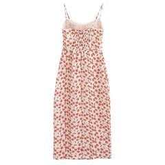Lunivop  Retro French style Summer Cherry Print Corset Style Midi Sling Dress Sexy Women Spliced Lace V neck Back Slit Long Robe