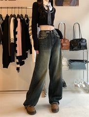 Hnewly Women's Harajuku Style Loose Wide Leg Jeans Autumn Winter Street Fashion Retro Straight Loose Denim Trousers ﻿