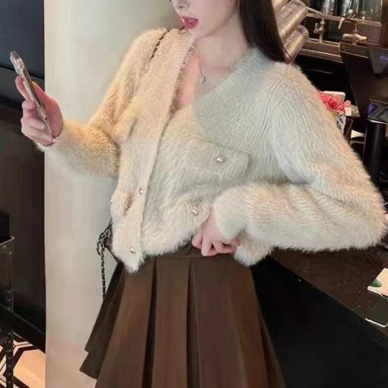 Hnewly  Fluffy Mohair Cardigan Women Pink Fuzzy Knit Button-Up Fake Pocket Crop Sweater Jacket Teen-girl Fall Winter Barbiecore Y2K