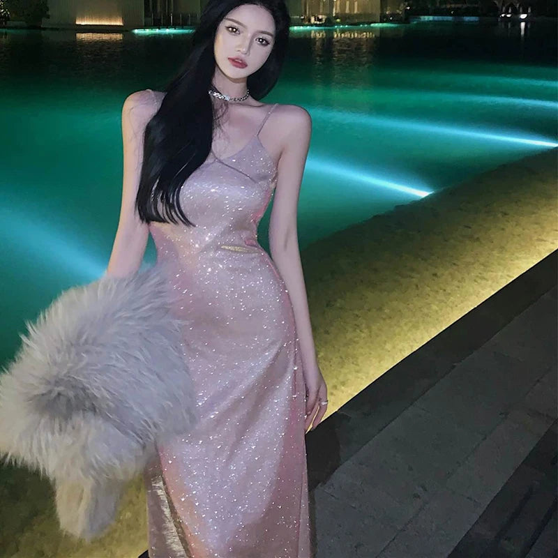 Hnewly Elegant V-Neck Sparkly Dress Women Korean Fashion Spaghetti Strap Evening Dress Ladies Sexy Sequin Off Shoulder Dress