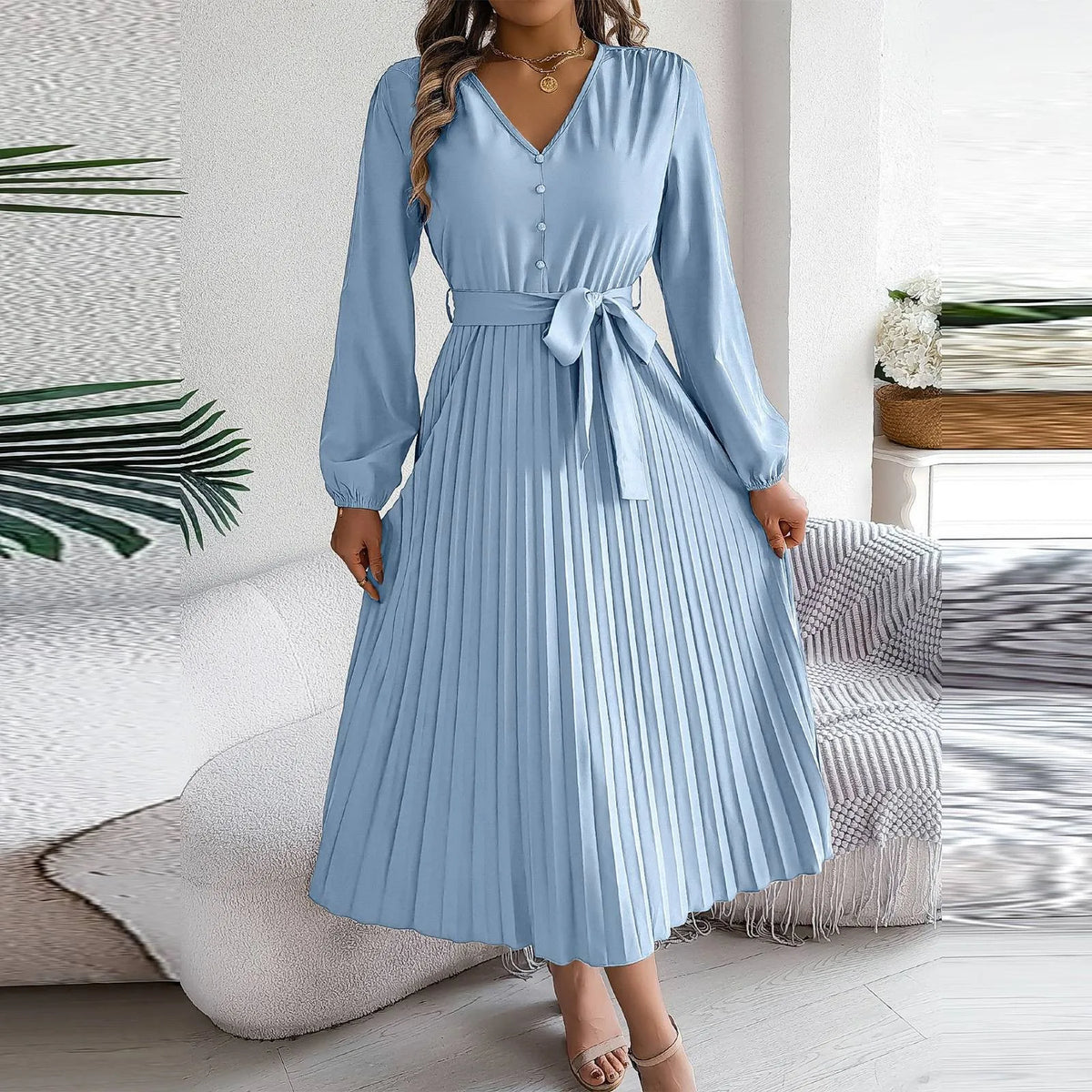 Hnewly  Women's Fashion Retro Elegant Solid Color Elegant V-neck Button Tie Long Sleeve High Waist Pleated A-line Dress