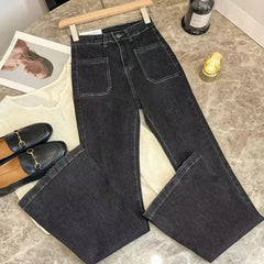 Hnewly  New High Waist Trousers Loose Washed Jeans Pockets Slim Denim Flare Classic Women Vintage Stretch Straight Trousers All-match