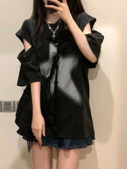 Lunivop  Popular American Gothic Streetwear Loose Casual Shirts Y2k Personality Detachable Short Sleeve Design Sweatshirts Punk Print Top