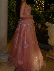 Hnewly  3D Butterfly Petal Crystal Embellished Gown Strapless Dusty Rose Flowy Tulle Skirt Elegant Outdoor Prom Gala Dre