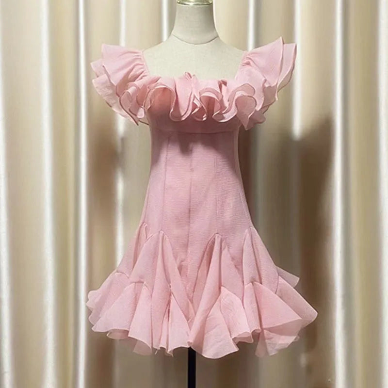 Hnewly Fashion Women Dress Sleeveless Slash Neck Solid Color Lotus Leaf Edge Design Female Party Dresses New Tide