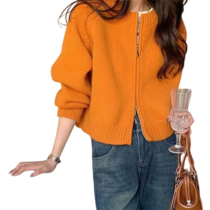 Hnewly Sweater y2k Clothes Women Soft Warm Solid Color Round Neck Zip Up Long Sleeve Knitted Tops 2000s Clothing Streetwear