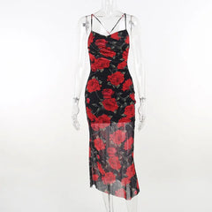 Hnewly  Flowers Print Spaghetti Strap Dresses Women Temperament Package Hip Bodycon Long Dress Fashion Sexy Backless Lady Slim Vestidos
