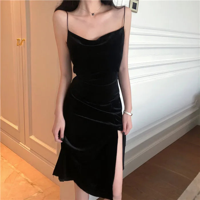 Hnewly New Vintage Women Dress Spaghetti Strap Slit Velvet Black Dress Sexy Bodycon Bandage Dress Midi Party Dress Verano Vestidos