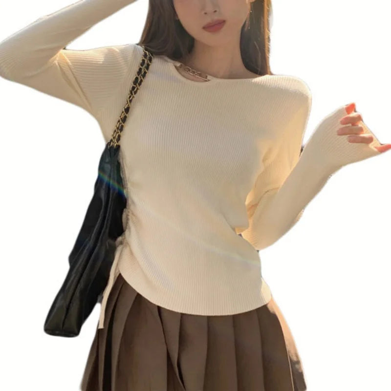Hnewly y2k Aesthetic Tops Women Clothes Solid Color Metal Chain Decor Round Neck Long Sleeve Knitted T Shirts 2000s Streetwear