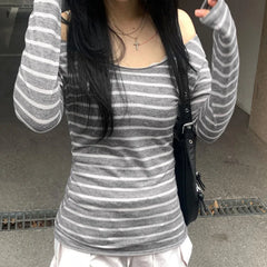 Hnewly Grunge Top y2k Clothes Women Cybercore Striped Off Shoulder Long Sleeve T Shirt 2000s Gothic Clothing Fall Streetwear