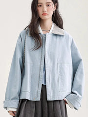 Hnewly  Blue Cargo Jacket Women Sweet Preppy Style Long Sleeve Retro Coat Casual Patchwork Turn Down Collar Korean Fall Outwear Top