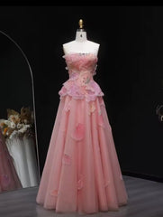 Hnewly  3D Butterfly Petal Crystal Embellished Gown Strapless Dusty Rose Flowy Tulle Skirt Elegant Outdoor Prom Gala Dre