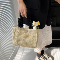Hnewly  Ruched Handle Straw Bag Bohemian Woven Bags for Women Purses and Handbags Paper Rope Beach Bag Shoulder Bags Small Shopper Tote