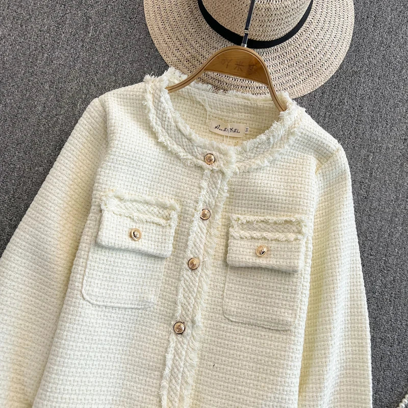 Hnewly  Woven Tweed Jacket Women Autumn Winter New Slim O-neck Single Breasted Coat Elegant Raw Edge Tassel Long Sleeve Blazer