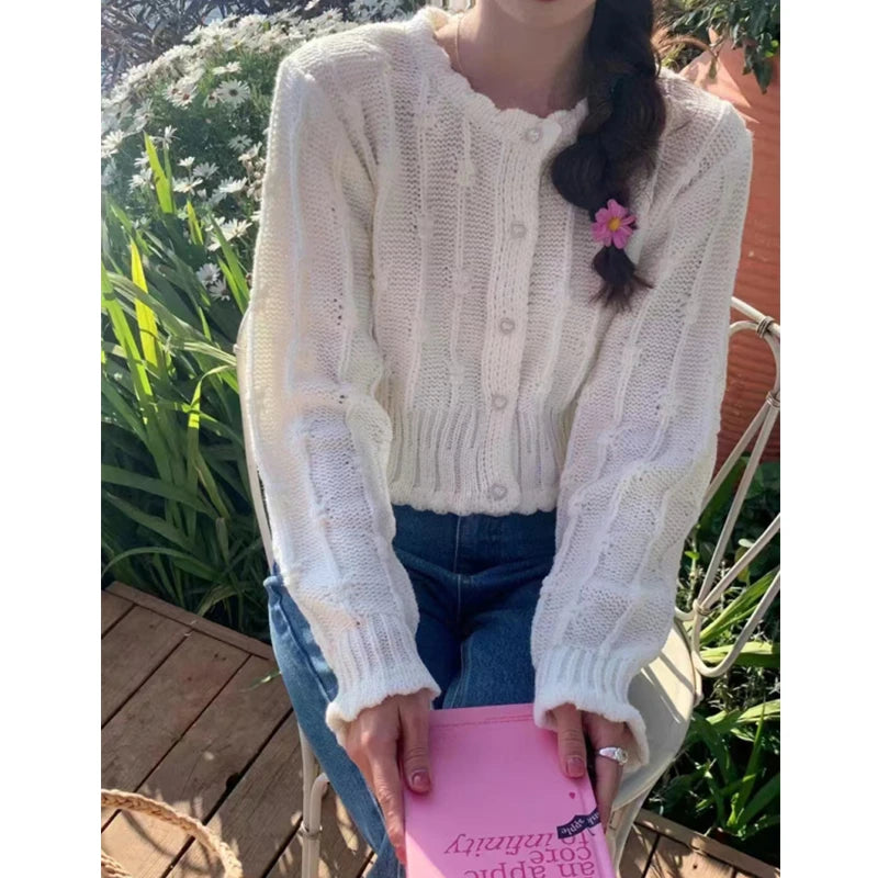 Hnewly  Cute Crop Cardigan for Women Hollow-out Openwork Button Up Knit Sweater Jacket Teen-girl Spring Autumn Fairycore Outfit