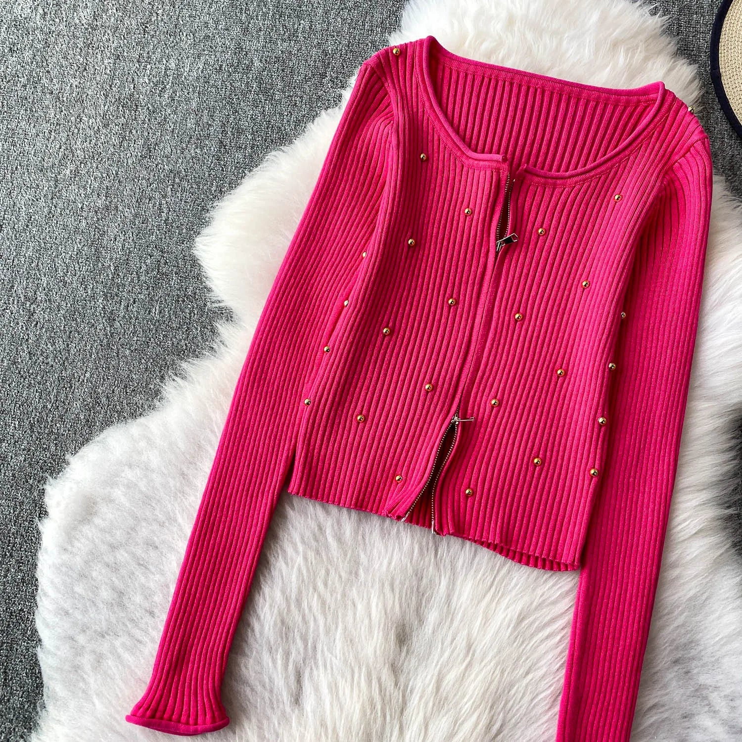 Hnewly  Beading Knitted Striped Zippered Sweater Cardigan Women's Spring Autumn O-Neck Top New Loose Harajuku Long Sleeved Outwear