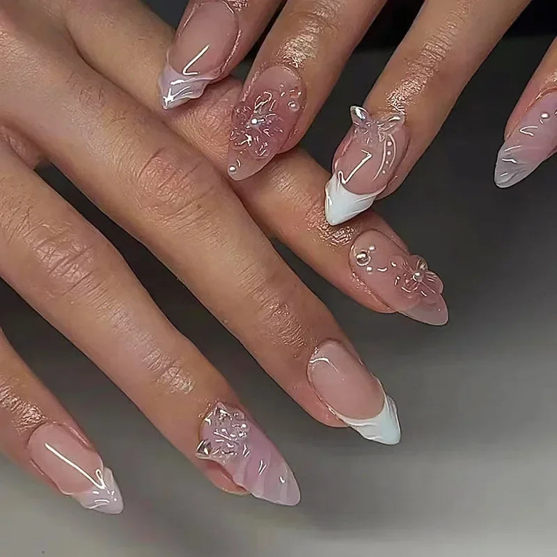 Hnewly 24Pcs Cat Eye Press on Nails with Almond Head Bow Diamond Stick on False Nail Sweet Pink French Full Cover Artificial Nails Tips
