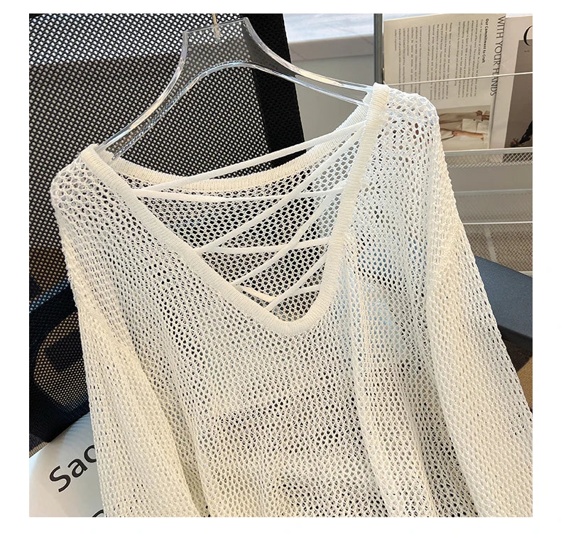 Hnewly Black White Striped Ice Silk Knitted Sweater Women Long Sleeved Loose Lazy Style Mesh Pullover Spicy Girl Hollow Out Top