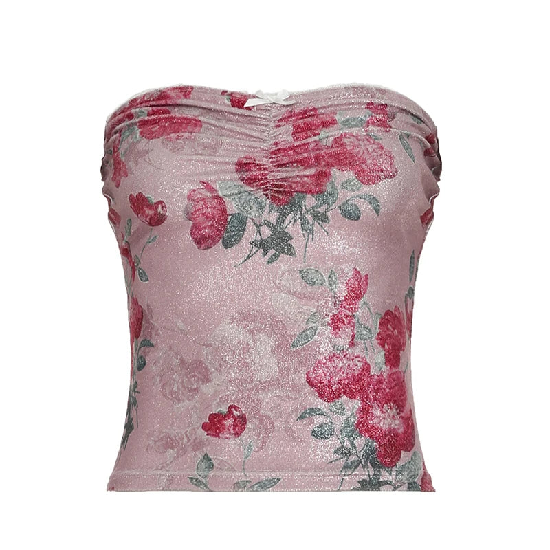 Hnewly Holiday Retro Floral Print Tube Top Women Kawaii Pink Folds Stitching Bow Crop Tops Summer Casual Lace Patchwork Tees y2k