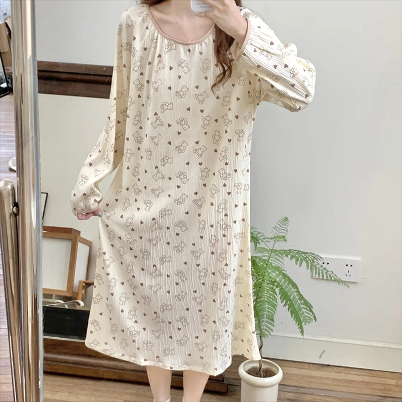 Hnewly Long Sleeve Nightgowns Women Floral Bow Temper Autumn Home Cozy Aesthetic O-neck Prairie Chic All-match Sleepwear Korean Style