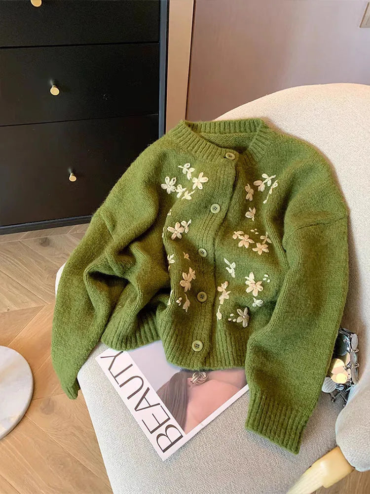 Hnewly  Green Crochet Knitted Sweater Women's Retro Soft  Embroidery Loose Long Sleeved Jacket Round Neck Single Breasted Cardigan Top