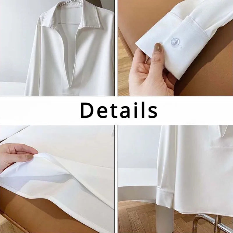 Hnewly V-neck Blouses Women Tops Shirt Retro Corduroy Solid Loose Simple Office Ladies Korean-style Leisure Elegant Comfortable