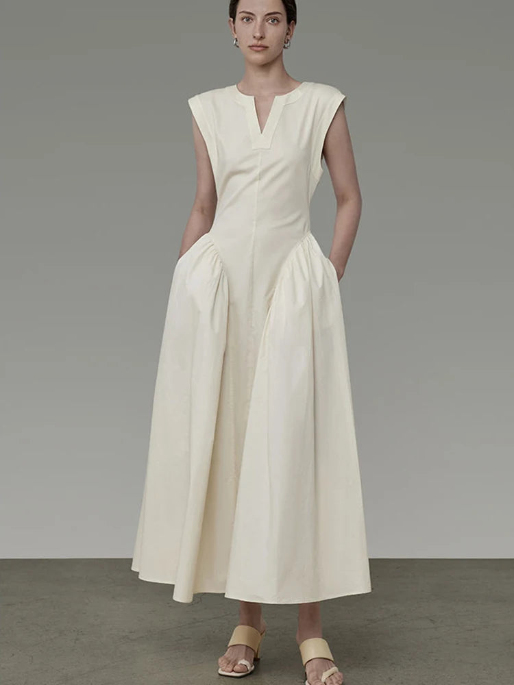Hnewly Elegant Vintage Long Dress Women Korean Casual Design Slim Dress Retro Sweet V Neck Sleeveless Spring Summer Simple Dress