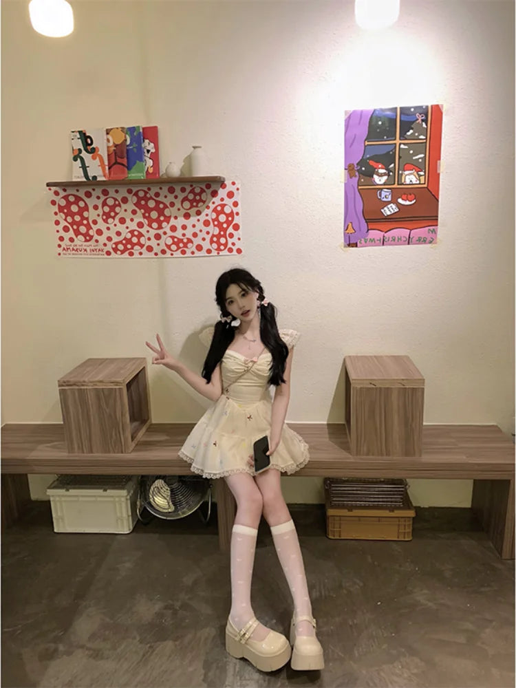 Hnewly Japanese Y2k Kawaii Mini Dress Women Casual Lace Patchwork Bow Print Sleeveless Strap Dress Summer Evening Party Fashion Chic