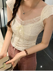 Hnewly Faionable Lace ort Sve V-Ne T-irt Women's Summer New Sle Korean Version Slim Fit Pure Color Moisture ng