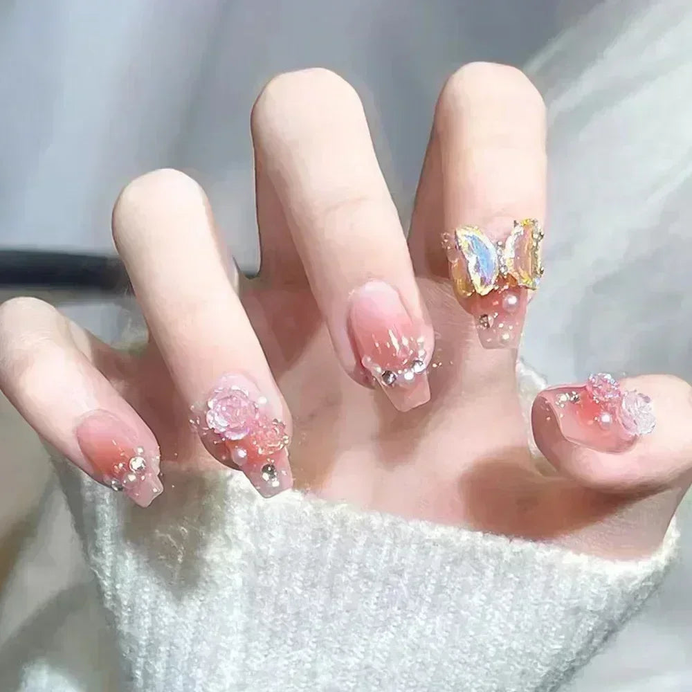 Hnewly 24pcs Detachable Short Press on Nails Y2k rhinestone False Nails with Glue Ballet Sweet Cool Girls Artificial False Nails Tips
