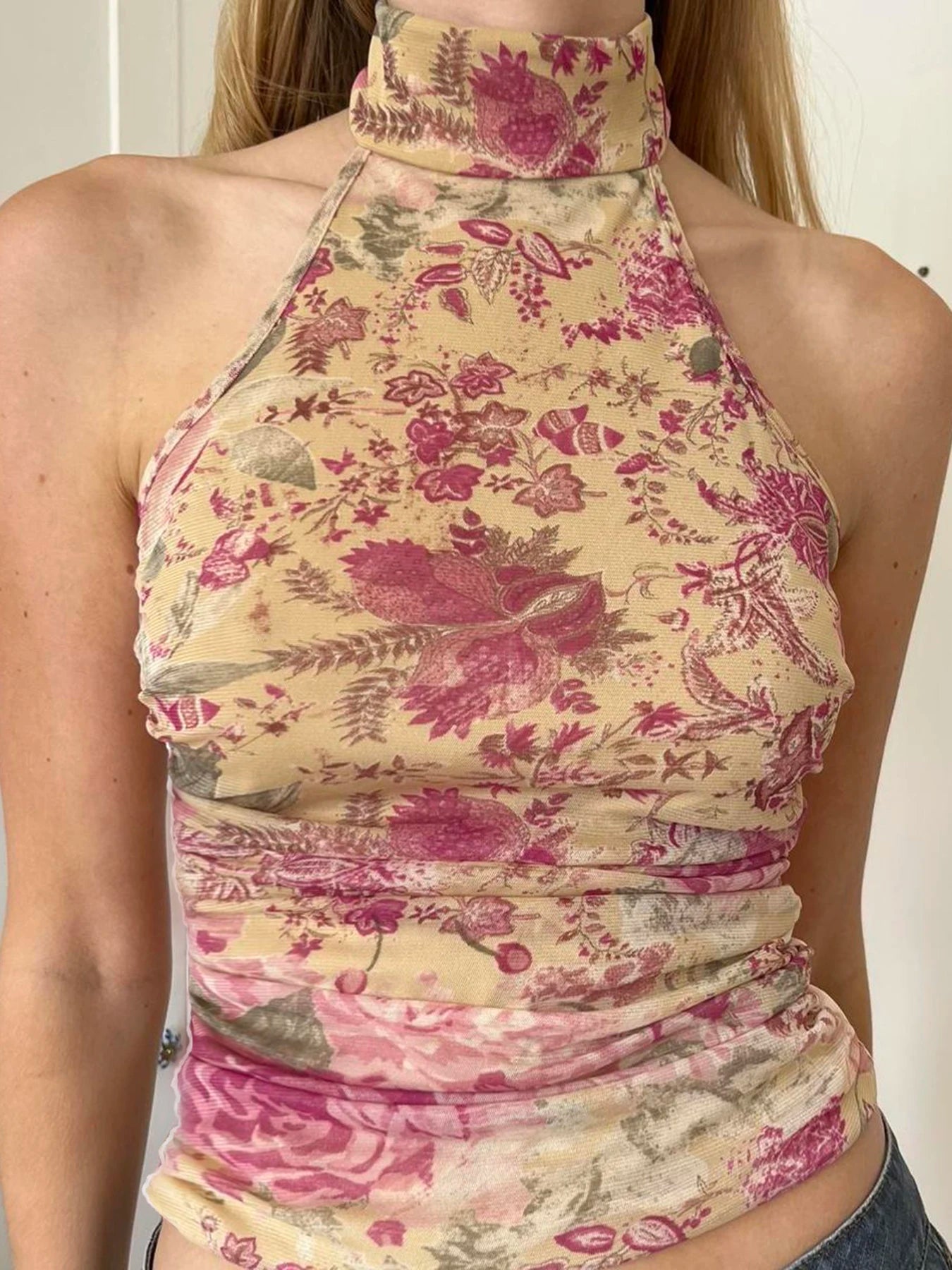 Hnewly Vintage Floral Halter Crop Top Sexy Slim Backless O-Neck Sleeveless Tank Tops Women 2024 Summer Fashion Streetwear Lady
