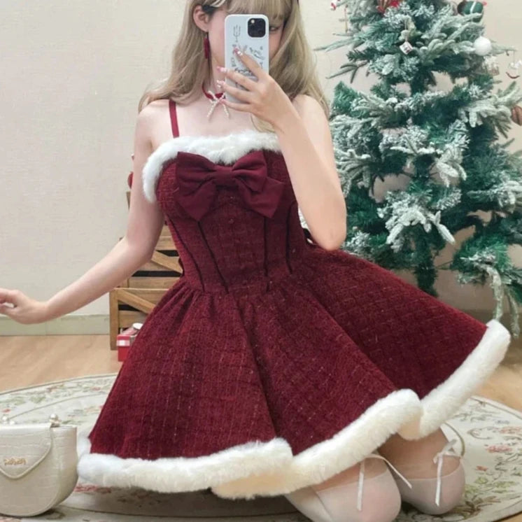 Hnewly Christmas Outfits Sweet Lolita Style Dress Sets Women Elegant Bow Plush Shawl Short Jackets Mini Skirts Suit Kawaii Christmas New Year 3 Piece Set