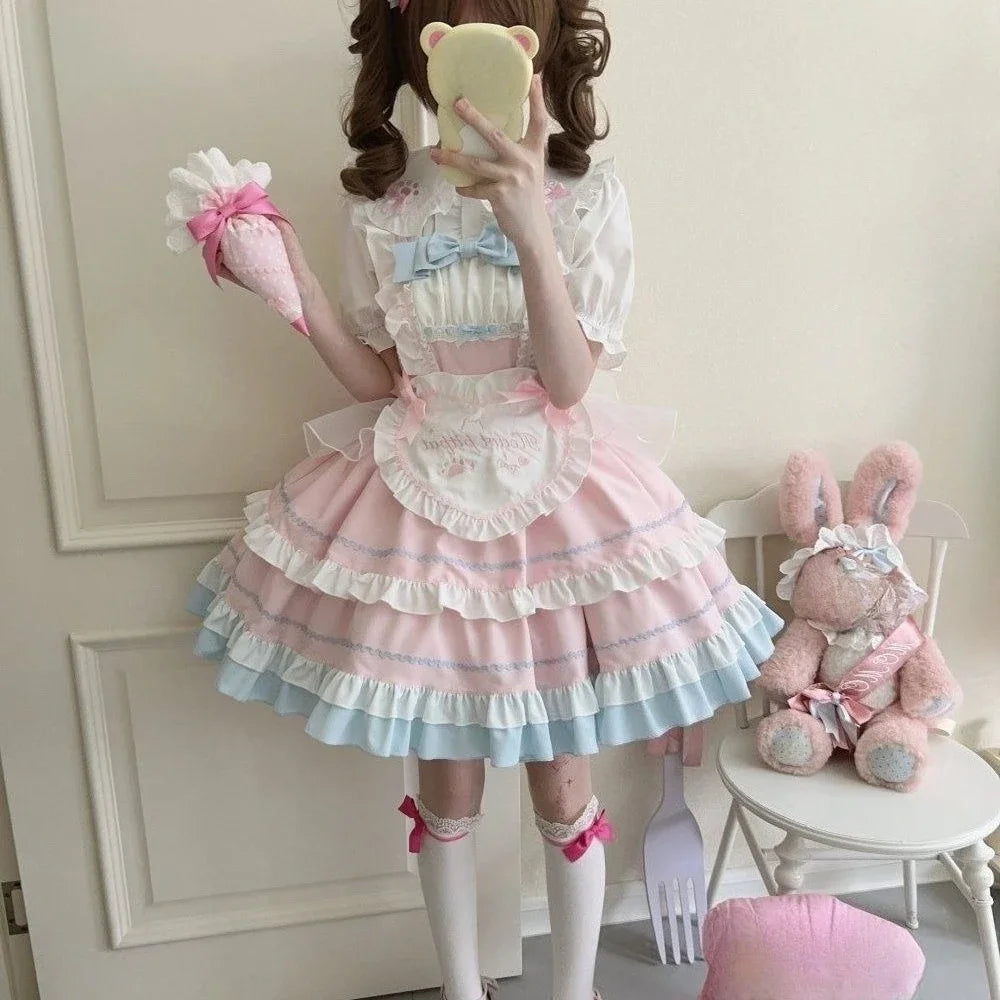 Hnewly  Sweet Elegant Lolita Dress Women Kawaii Fruit Print Short Sleeve Princess Dresses Cute Bow Peter Pan Collar Pary Dress Hot Girls