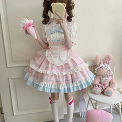 Hnewly  Sweet Elegant Lolita Dress Women Kawaii Fruit Print Short Sleeve Princess Dresses Cute Bow Peter Pan Collar Pary Dress Hot Girls
