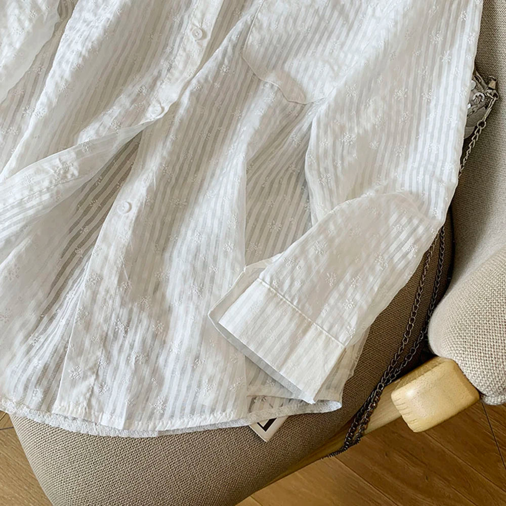 Hnewly  Pink Striped Sun Protection Shirt Women's Summer Thin Single-breasted Outwear Loose Fit Lazy Style Casual Open Front Female Tops