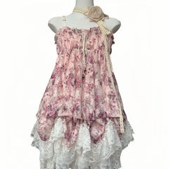 Lunivop  Vintage Harajuku Lace Pleated Drastring Sling Dress Y2k Japanese Sweet Lolita Cute Flower Print Puffly Dresses Punk Girl Clothes