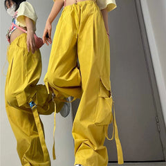 Hnewly  American Drawstring Hiphop Cargo Pants Women Loose Lazy Jazz Dance Big Pocket Trousers High Waist Solid Streetwear Wide Leg Pant