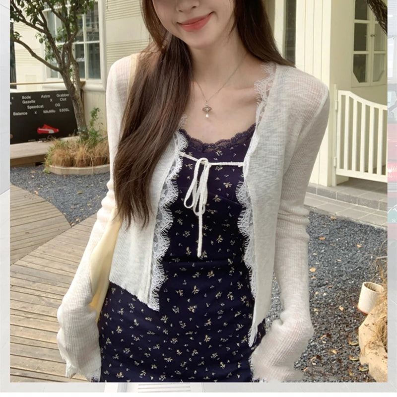 Hnewly  Lace Trim Tie Up Knit Top for Women Sheer Knitted Crop Cardigan Long Sleeve Open Jacket Teen-girl Y2K Sweetgirl Cute Outfit