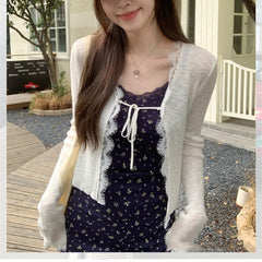 Hnewly  Lace Trim Tie Up Knit Top for Women Sheer Knitted Crop Cardigan Long Sleeve Open Jacket Teen-girl Y2K Sweetgirl Cute Outfit
