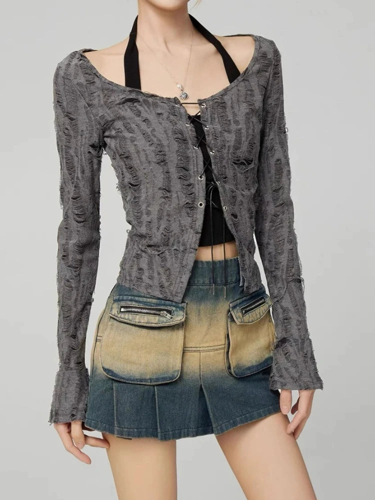 Hnewly  Destressed Two Piece Set Lace-up Cardigan with Cami Women's Y2K Grunge Crop Long Sleeve Criss Cross Knit Tops Acubi Outfit
