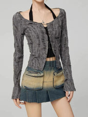 Hnewly  Destressed Two Piece Set Lace-up Cardigan with Cami Women's Y2K Grunge Crop Long Sleeve Criss Cross Knit Tops Acubi Outfit