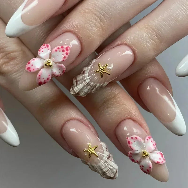 Hnewly 24Pcs Pink Almond False Nails Butterfly Ballet with French Design Wearable Fake Nails Simple Artificial Press on Nails Tips Art