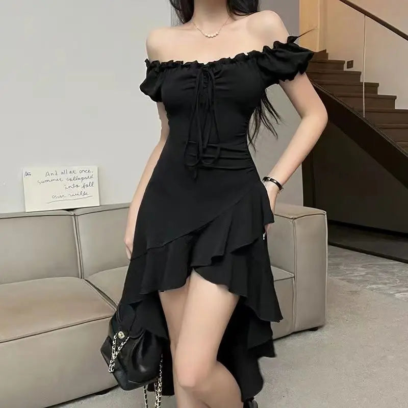 Hnewly  Black Ruffled Irregular Summer New One-shoulder Waist-hugging Sexy Neck Strap Dress