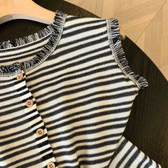 Hnewly  Striped Round Neck Knitted Sweater Cardigan Women's Tassel Sleeveless Vest Tops Single Breasted Versatile Fashion Jacket