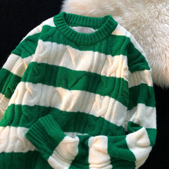 Hnewly  Women Striped Retro Knitted Sweater Spring Autumn Loose Versatile Pullover Casual Fashion Holes Round Neck Long Sleeved Top
