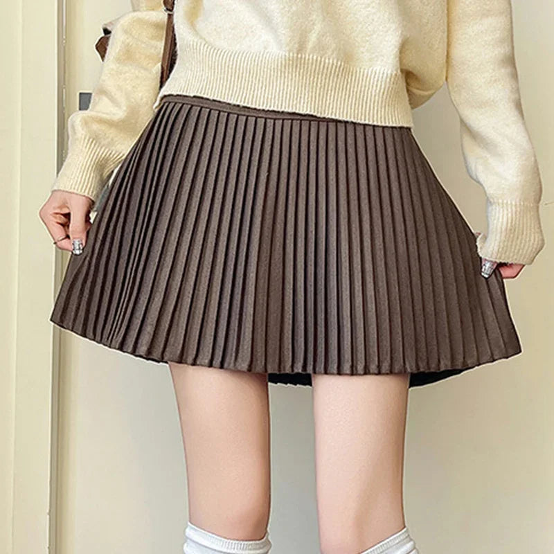 Hnewly  Autumn Winter Knitted Pleated Skirts for Women Korean High Waist Warm Mini Skirt Woman Fashion Thicken A-Line Skirts With Shorts