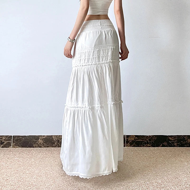 Hnewly Elegant Lace Stitching Long Skirt Holiday Oversized Loose Low Rise White Floor-Length Skirts for Women y2k Fairycore Lady