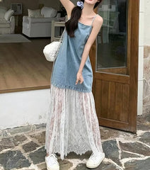 Hnewly  Fashionable Splice Denim Look Strap Dress Women's Style Spring Silk Long Dress Sweet Youthful A-Line Skirt No Sleeve Mid-Waist