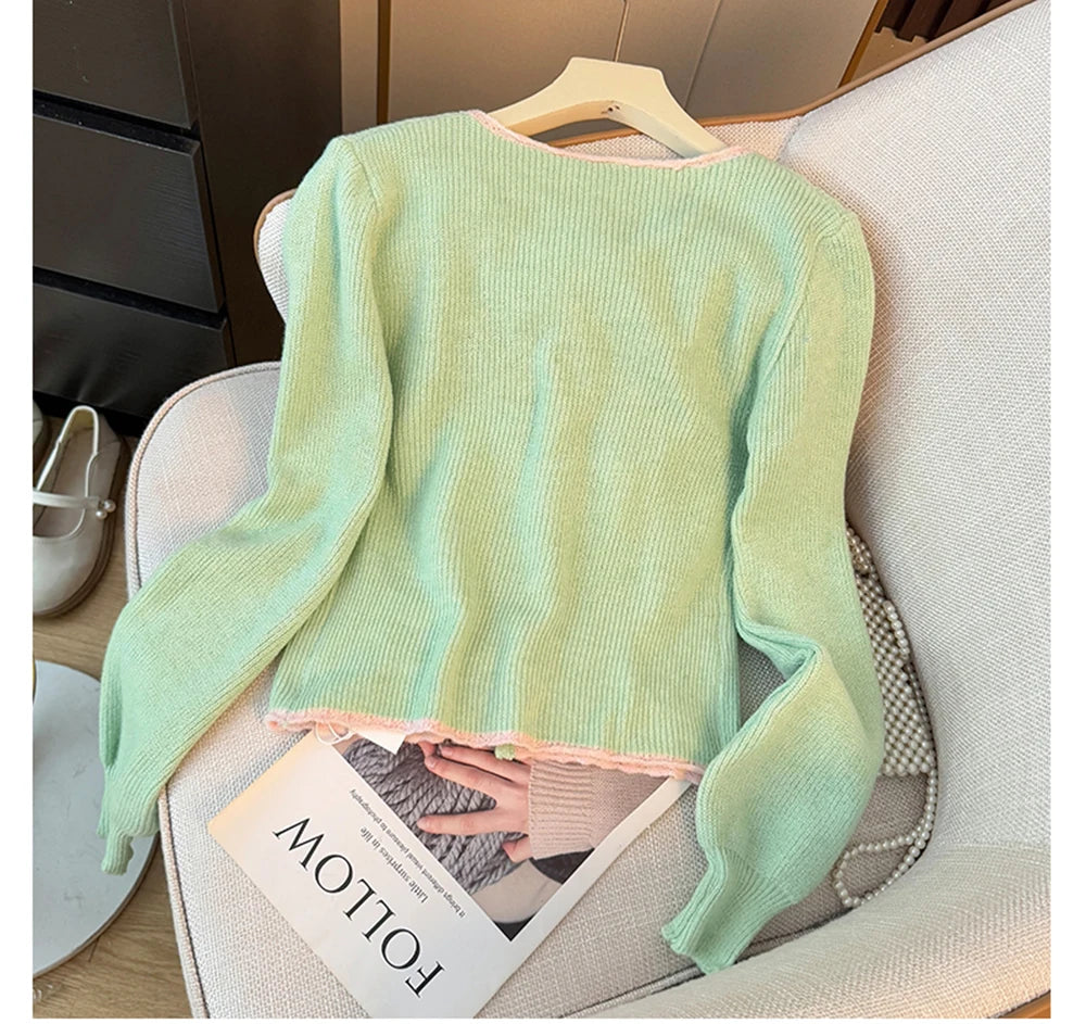 Hnewly  Flower Appliques Round Neck Knit Sweater Women's Sweet Long Sleeve 2025 Early Autumn Knitwear Loose Single Breasted Design Tops